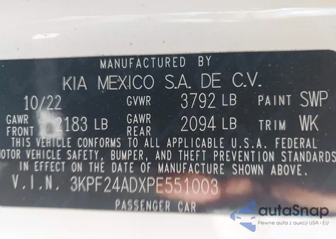 2023 Kia Forte Lx из США, поврежденный, VIN 3KPF24ADXPE551003